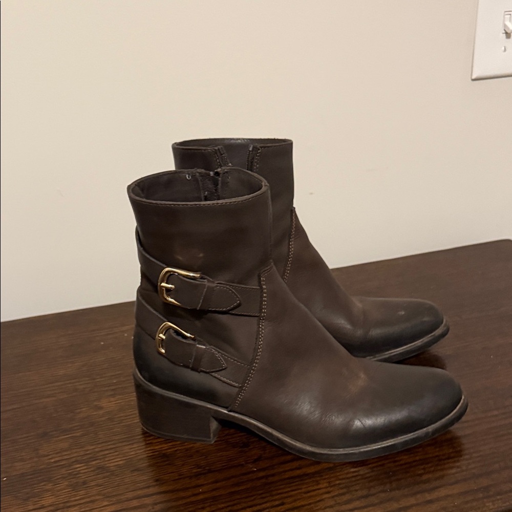 Elegant Dark Brown Ankle Boots with Buckle Detail